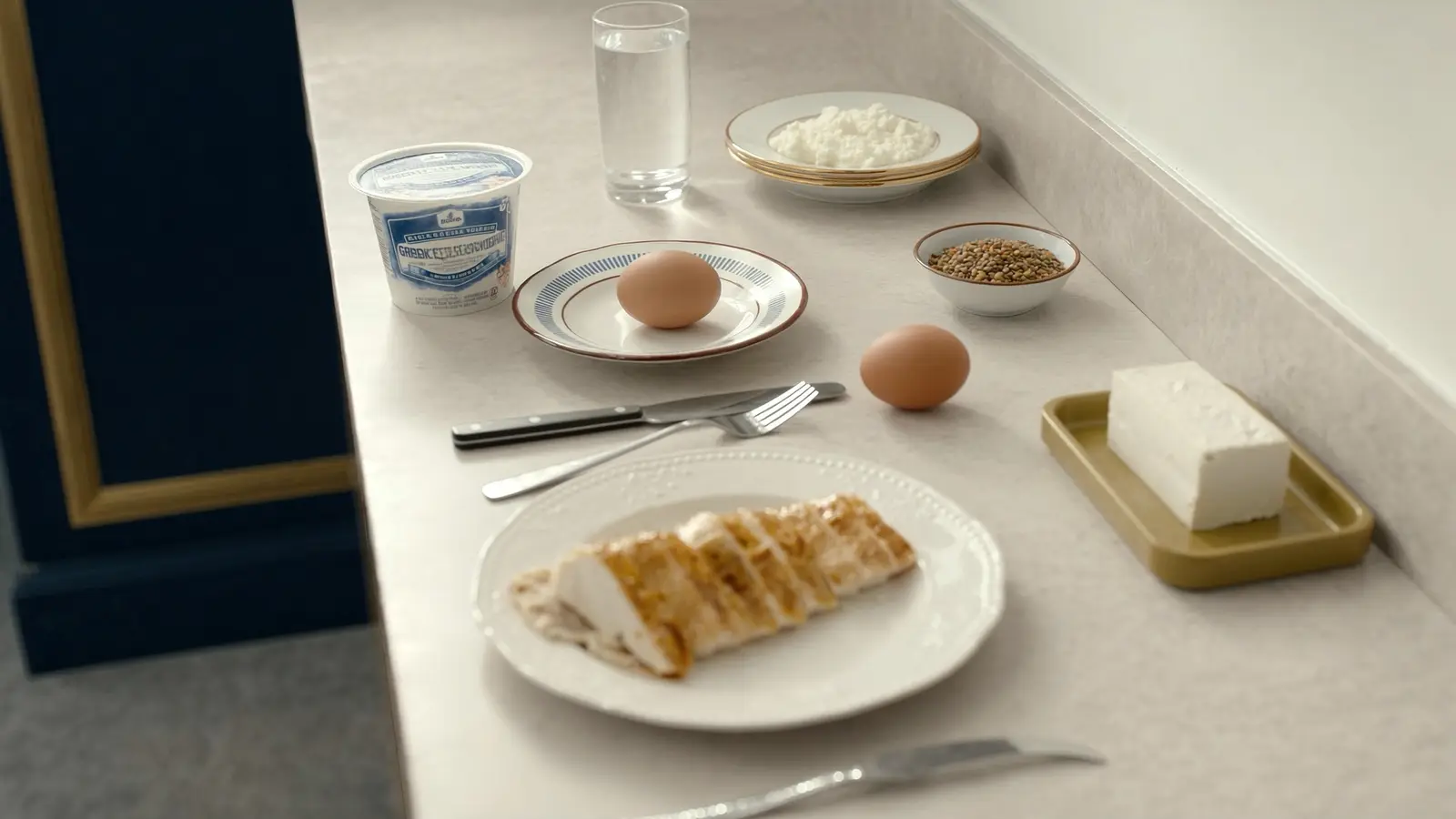 Realistic photographic still life of protein-rich foods on a marble kitchen counter: Greek yoghurt, eggs, grilled chicken, to